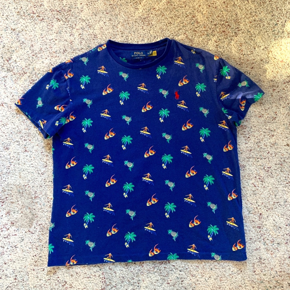 Polo Ralph Lauren T Shirt Mens Med Blue Surf Tropical Fish Pineapple Palm Tree